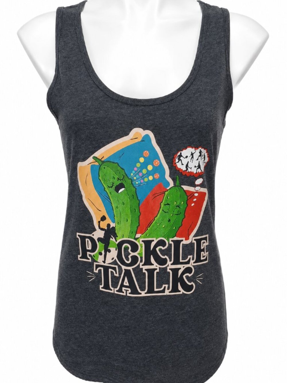 Medium Womens Charcoal Pickle Talk Funny Pickle Graphic Sleeveless Tank Top
